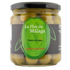 [GF01897] ACEITUNAS VERDES C/HUESO SABOR ANCHOA LA FLOR DE MALAGA 370GRS CRISTAL CAJA 12