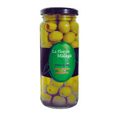 ACEITUNAS VERDES RELLENAS DE PASTA DE PIMENTON LA FLOR DE MALAGA TARRO 350GRS CAJA 12 UNDS