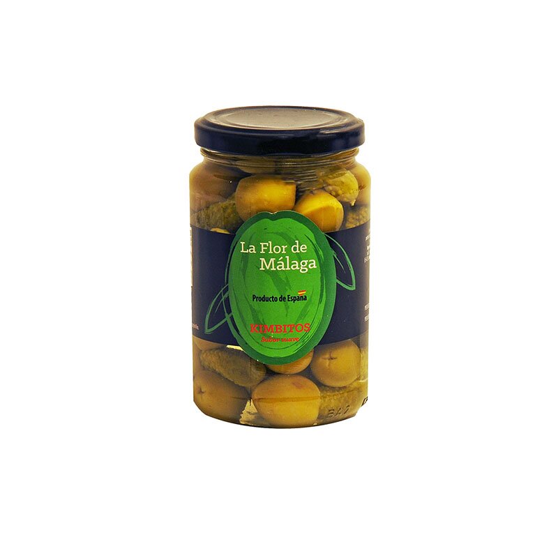 ACEITUNAS RELLENAS DE PEPINILLOS KIMBITOS(VERDES DESH.+PEPINIL) FLOR DE MALAGA 370GR BULTO 12UNDS