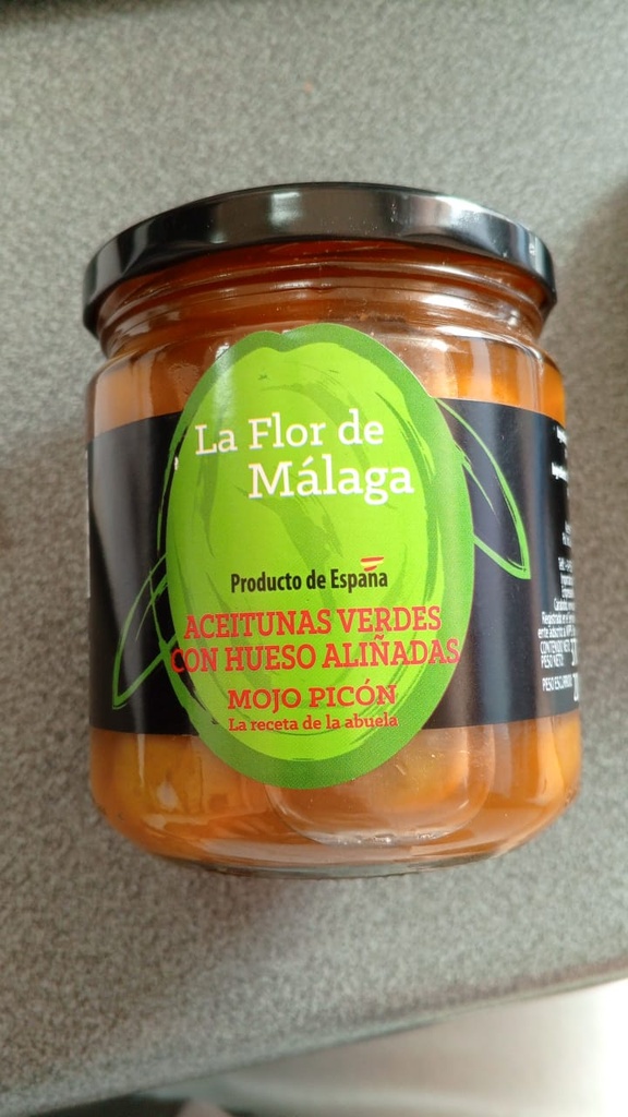ACEITUNAS VERDES C/HUESO ALIÑADAS LA FLOR DE MALAGA 370GRS CAJA 12UNDS
